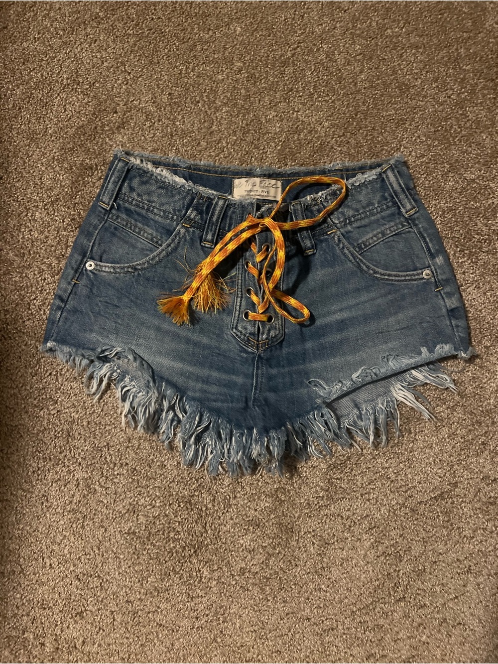 Free People Denim Frayed Hem Women’s Shorts with Braided Tie